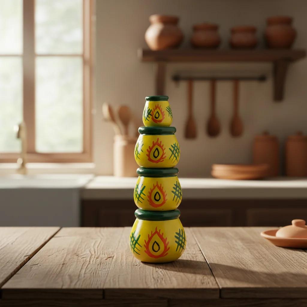 MH Decors Wooden Matki Set of 4 Kondapalli Hand Painted Yellow for Living Room