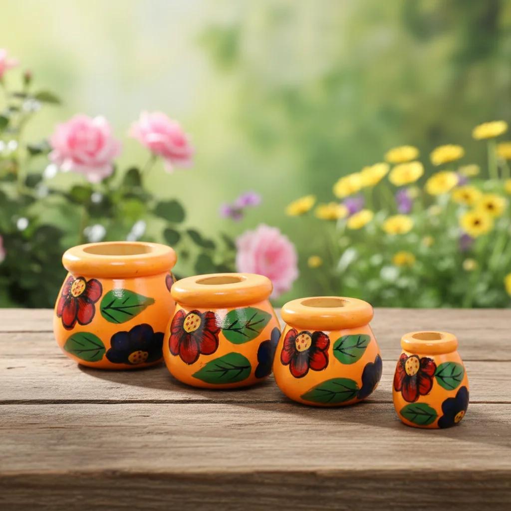 MH Decors Kondapalli Wooden Matki Set of 4 Orange for Home Decor