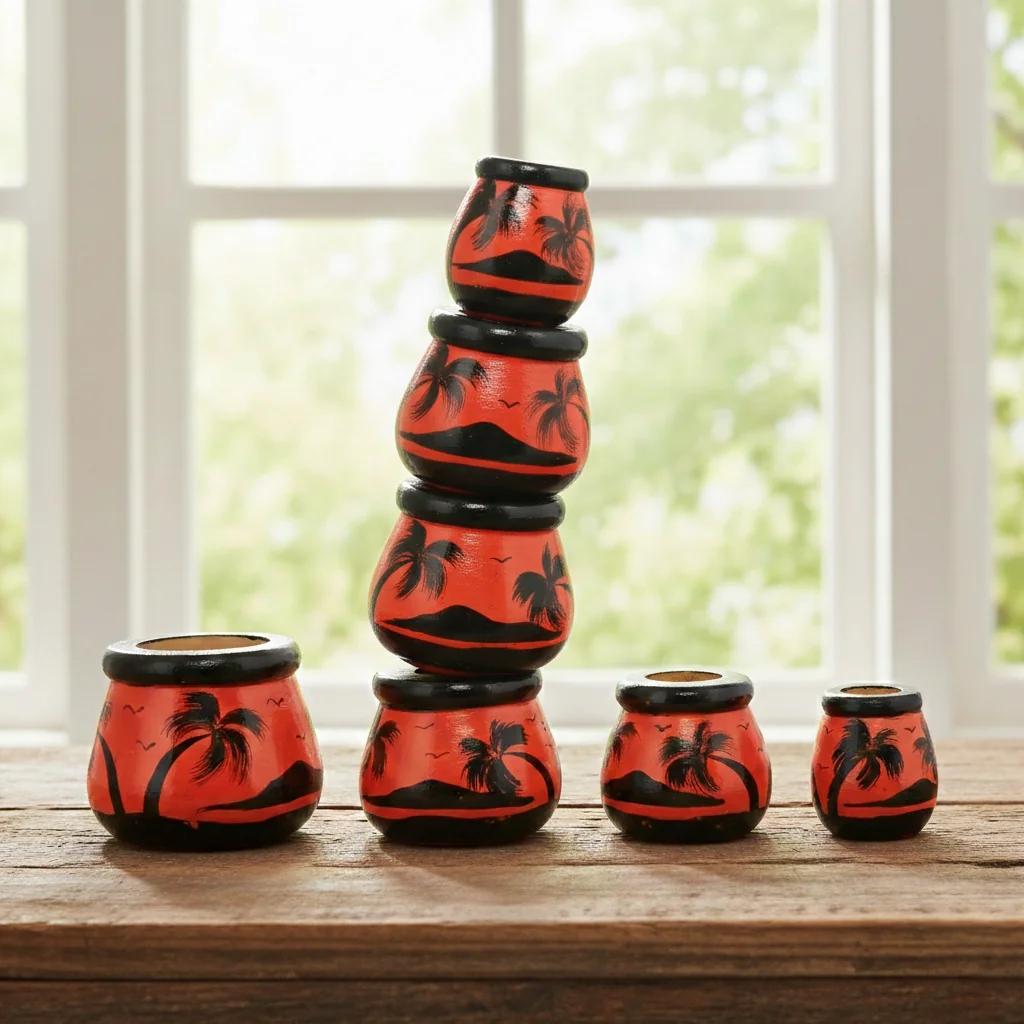 MH Decors Wooden Matki Set of 4 Kondapalli Hand Painted Red for Living Room