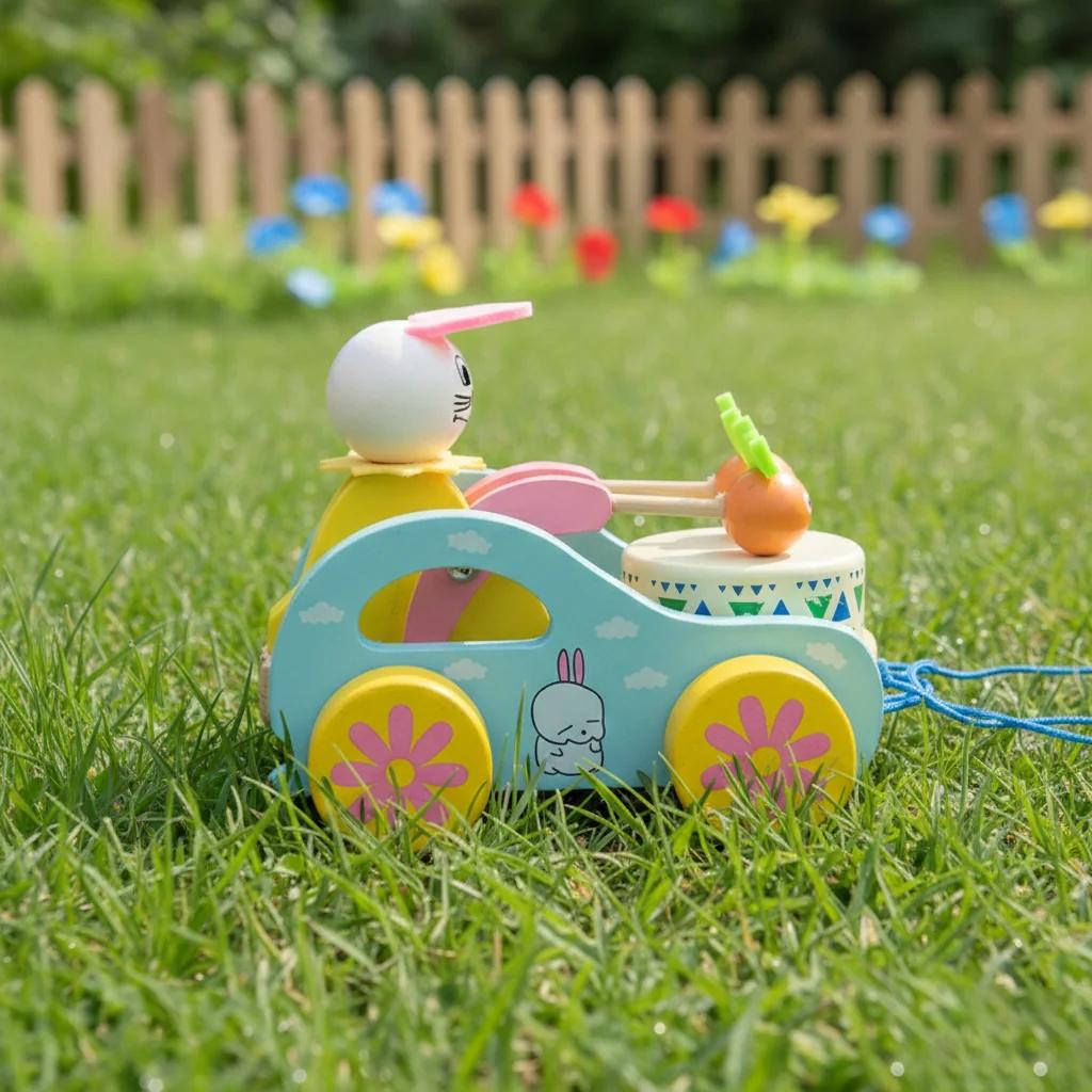 MH Decors Kondapalli Wooden Rabbit Drum Pull Toy Hand Made for Baby Development