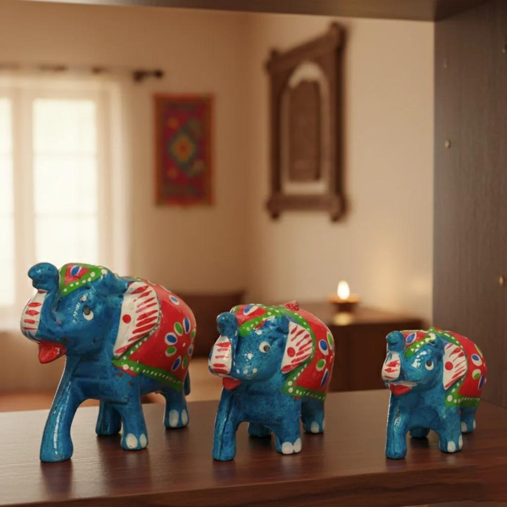 MH Decors Wooden Elephant Idol Kondapalli Handcrafted Decorative Set of 3