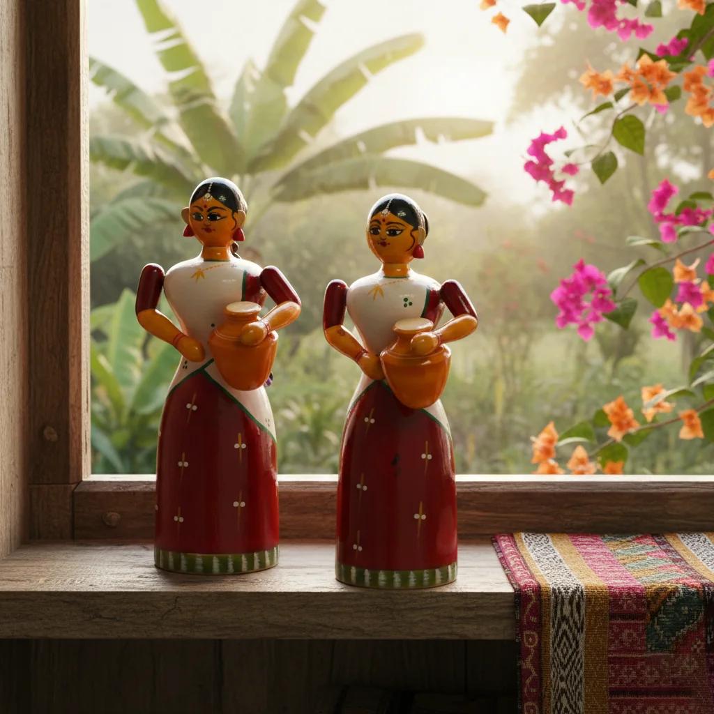 MH Decors Kondapalli Wooden Village Girl Figurine Half Saree Hand Made for Home Display