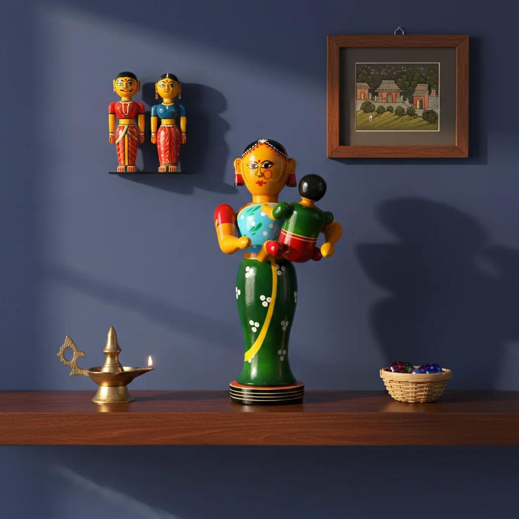 VPH Gift Store Kondapalli Wooden Mother and Child Statue Handmade for Living Room Decoration