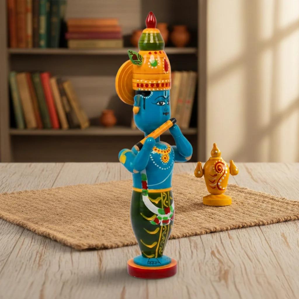 VPH Gift Store Kondapalli Wooden Lord Krishna Playing Flute Decorative Showpiece