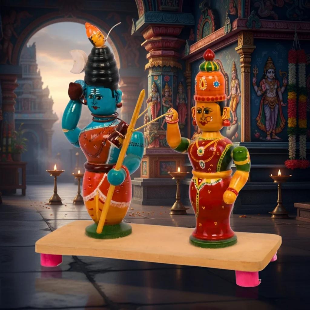 VPH Gift Store Kondapalli Wooden Lord Shiva Parvathi Idol Set for Living Room Decoration
