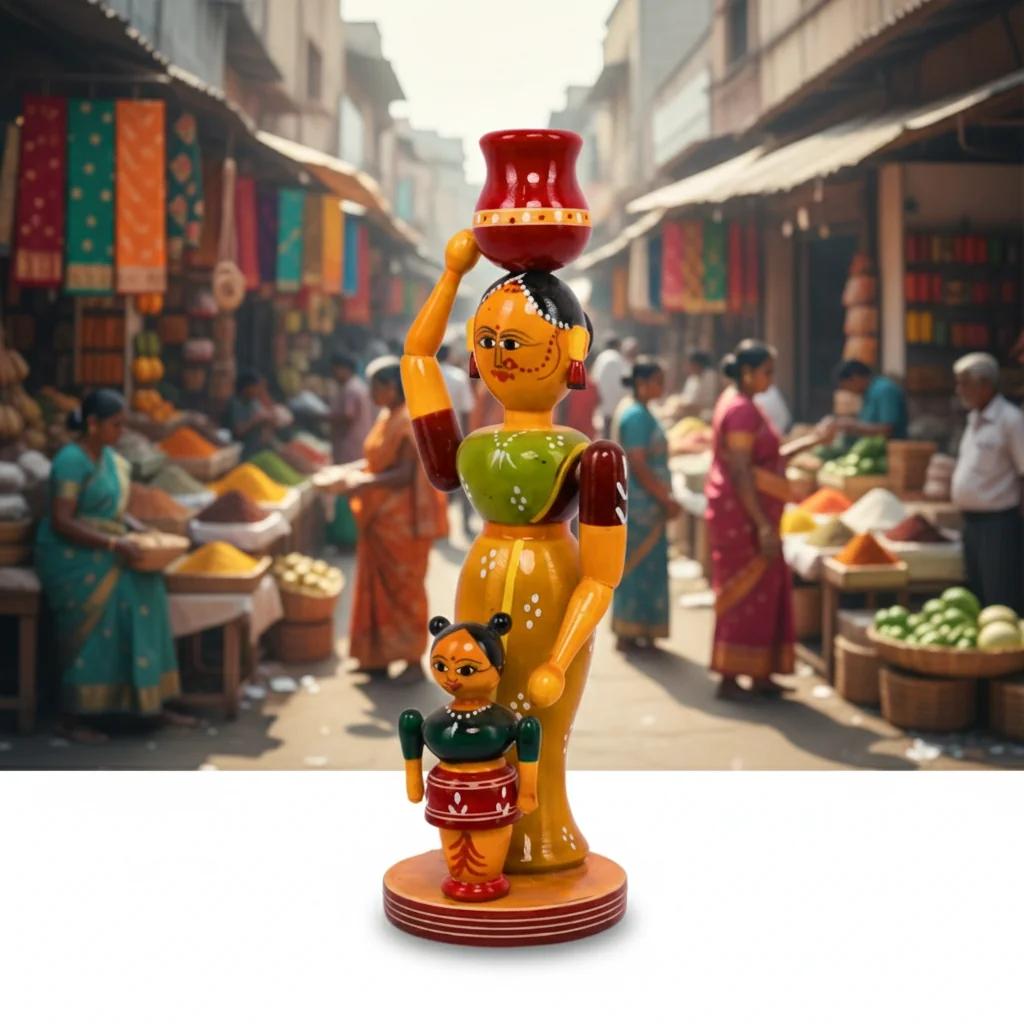 VPH Gift Store Handmade Kondapalli Wooden Mother and Child Idol for Home and Office Decor