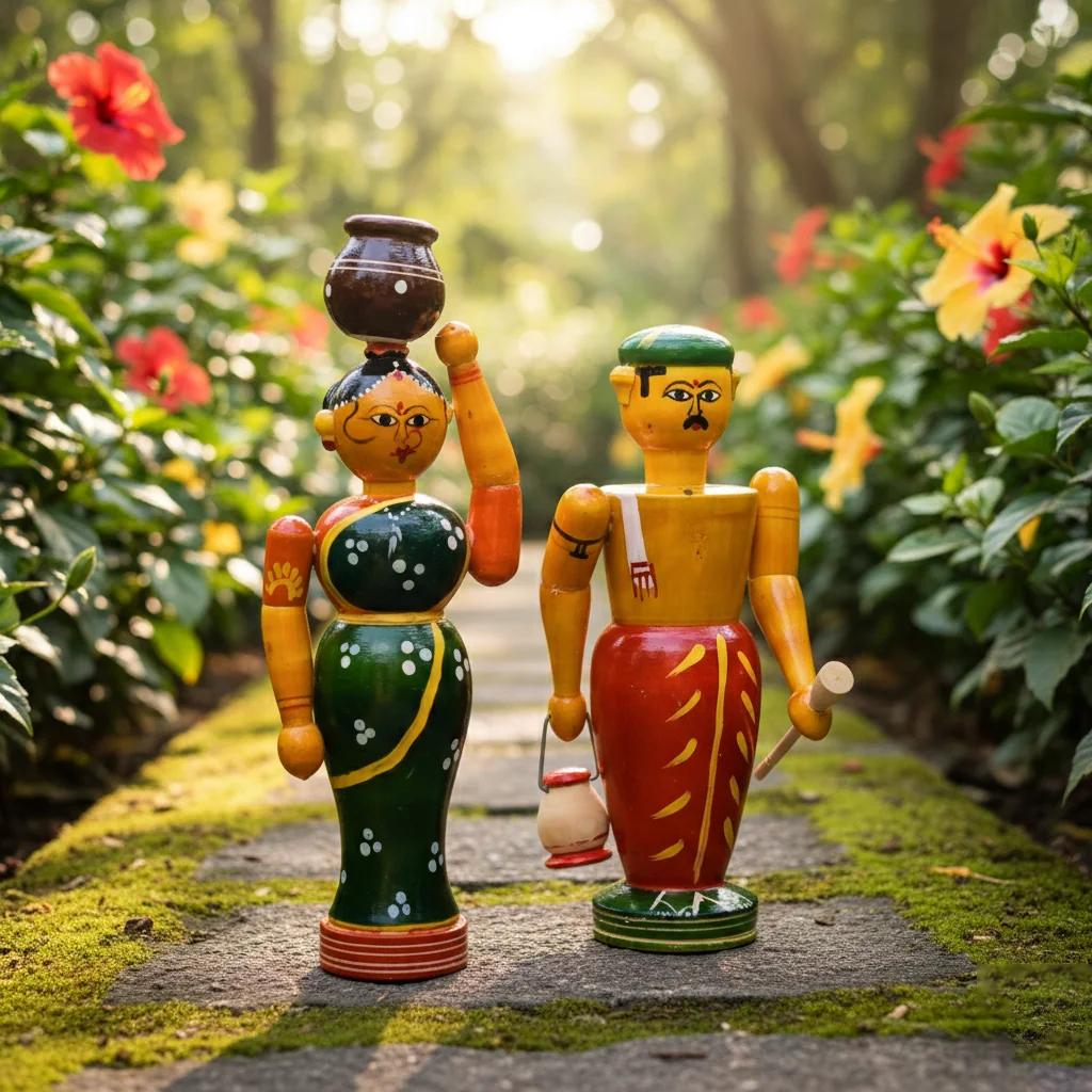 VPH Gift Store Kondapalli Wooden Village Farmer Couple Idol Set for Home Decoration