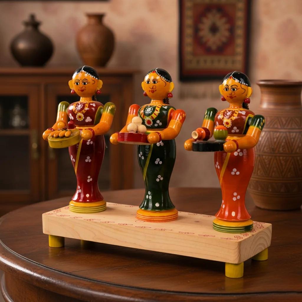 VPH Gift Store Kondapalli Wooden Village Ladies Figurines Standing with Fruits Handcrafted for Home