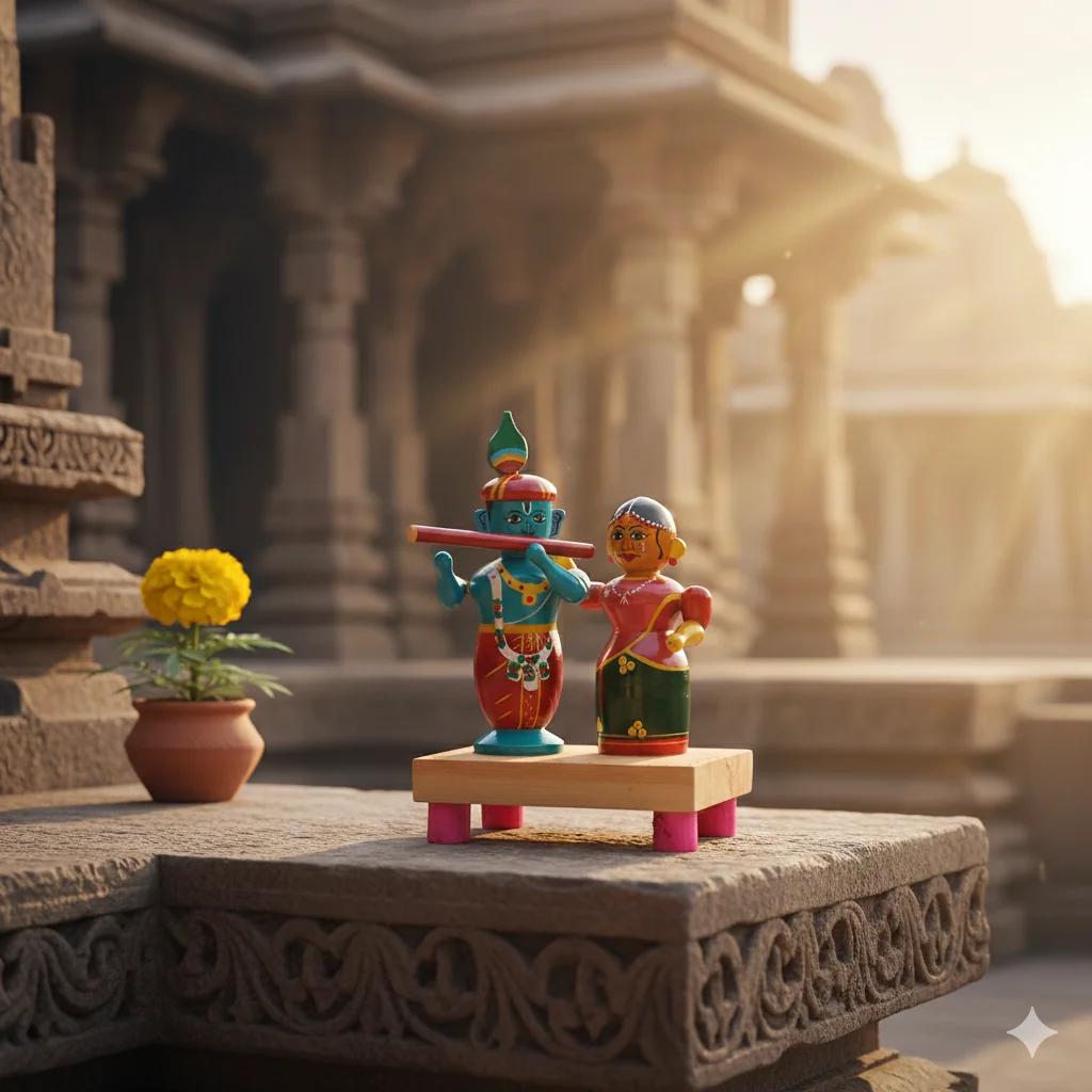 VPH Gift Store Kondapalli Wooden Radha Krishna Handcrafted Figurines for Living Room Decoration