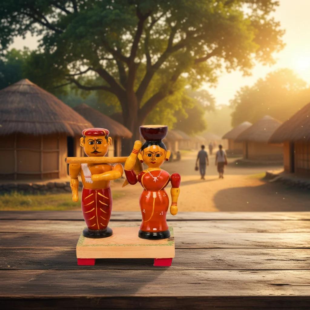 VPH Gift Store Kondapalli Wooden Farmer Couple Toy Set for Home Decoration