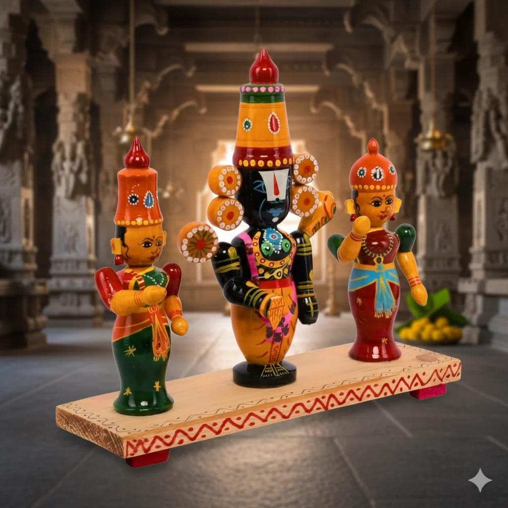 VPH Gift Store Kondapalli Wooden Lord Balaji Padmavati Lakshmi Decorative Idol Set for Living Room