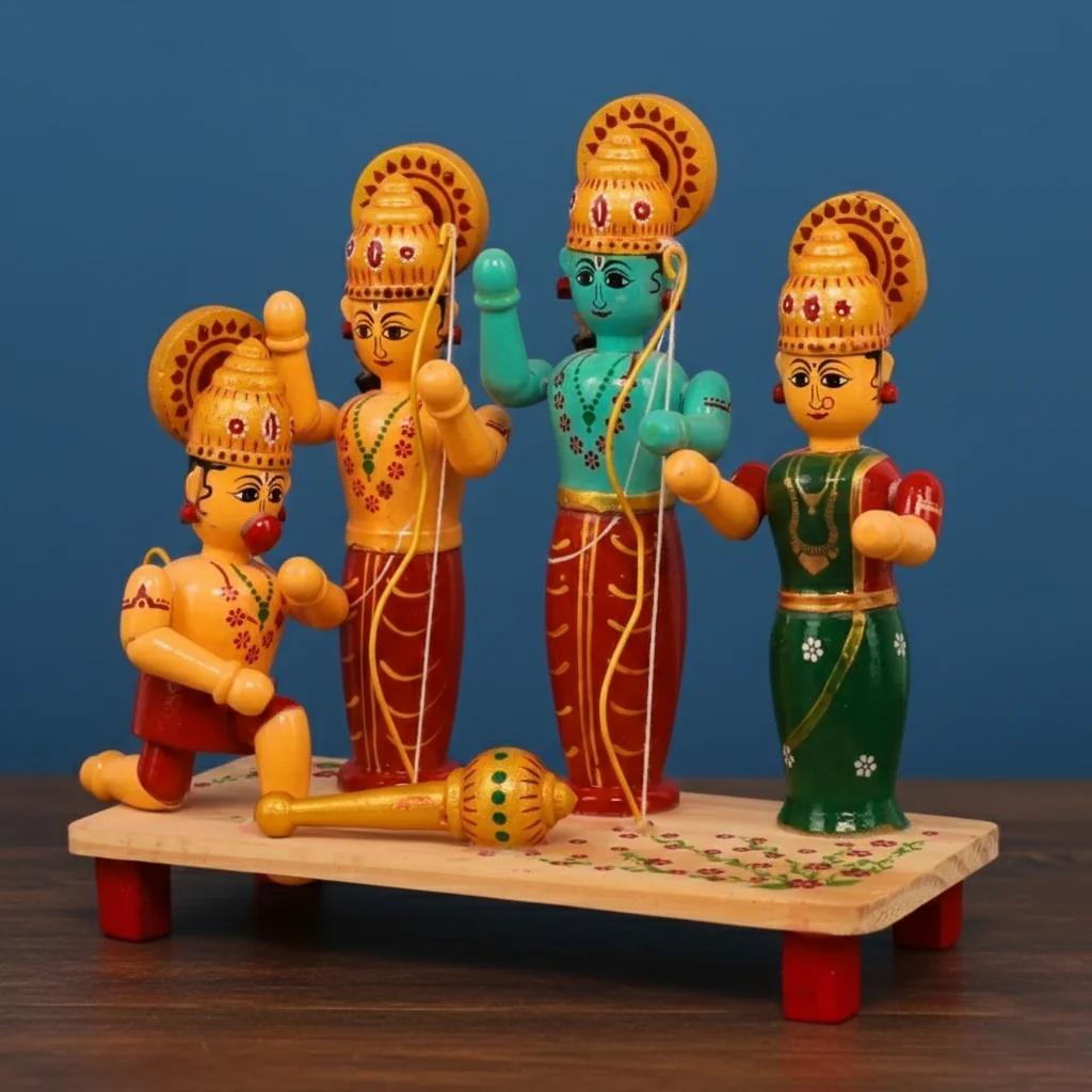 VPH Gift Store Kondapalli Wooden Lord Rama Sita Hanuman Handcrafted Idol Set for Home