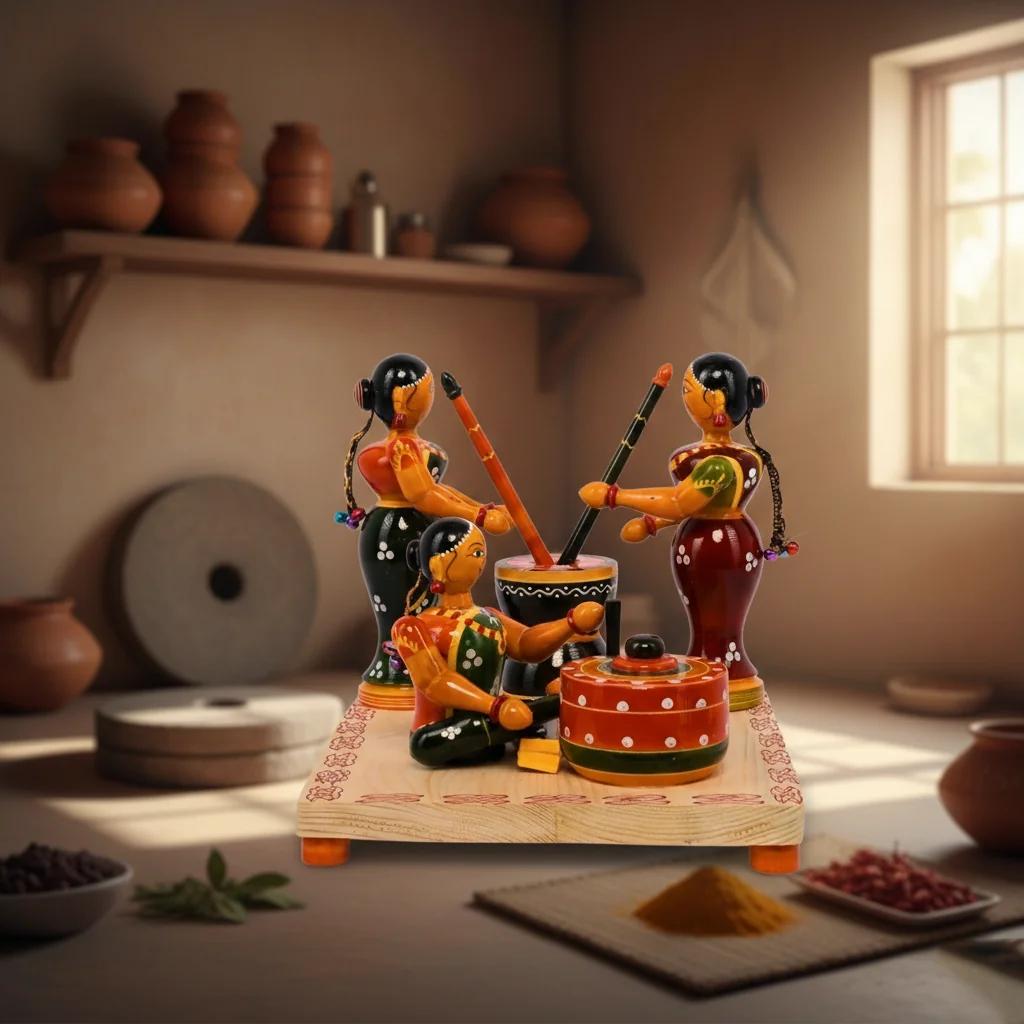 VPH Gift Store Handmade Kondapalli Wooden Village Women Pounding Grinding Figurines for Home