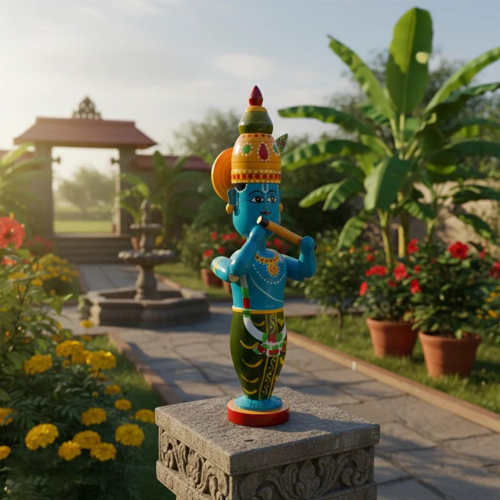 MH Decors Kondapalli Wooden Lord Krishna Decorative Idol Hand Painted for Home