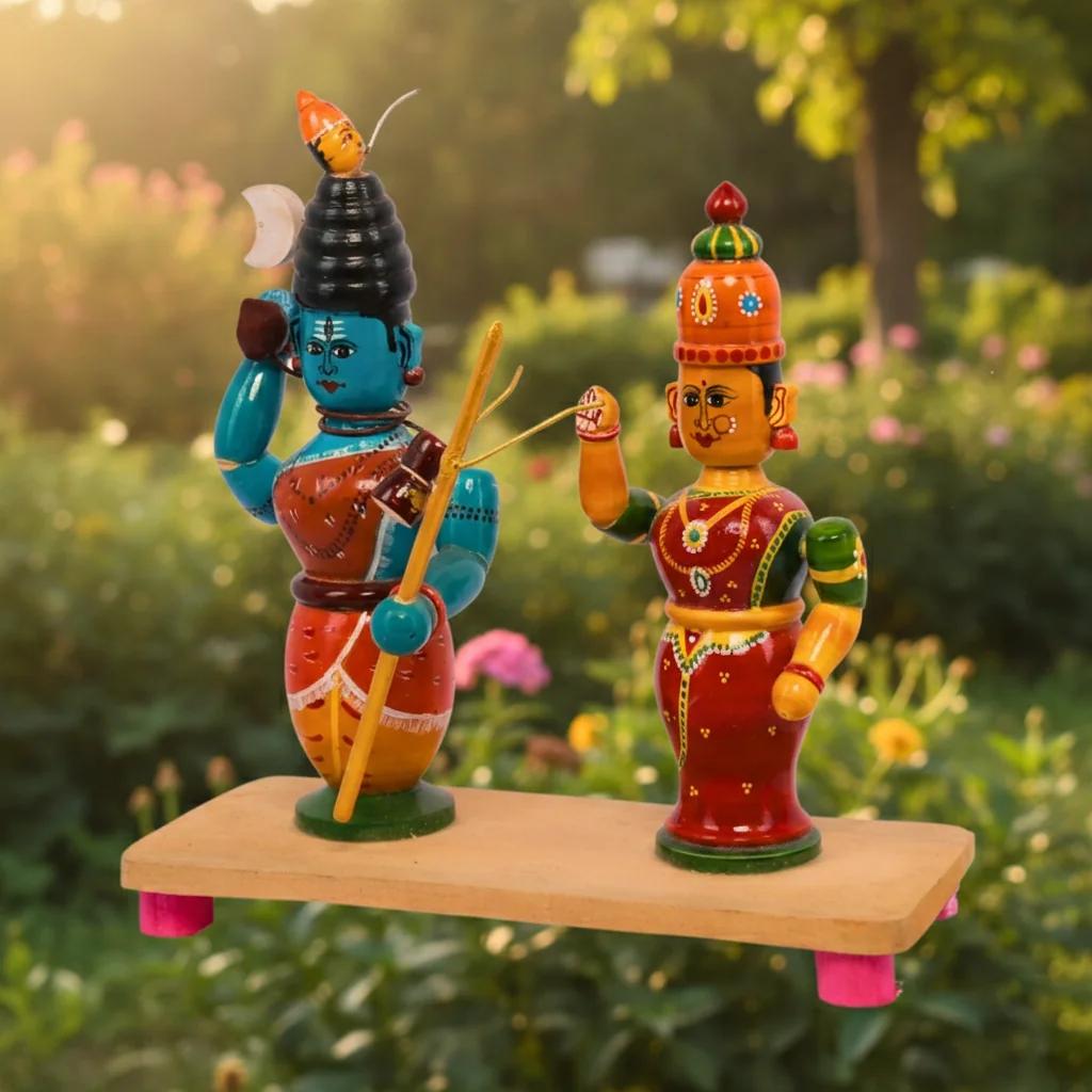 MH Decors Handcrafted Kondapalli Wooden Lord Shiva and Parvathi Figurines for Home Interiors