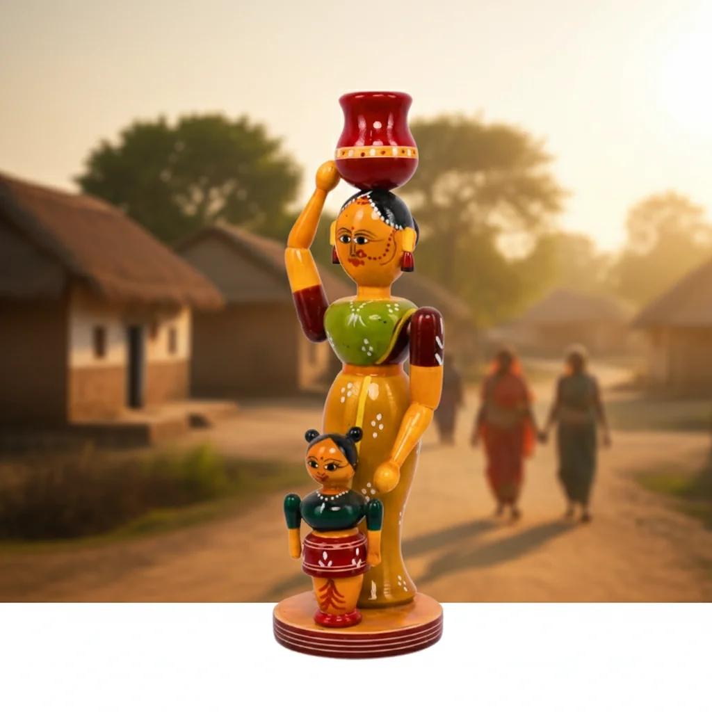 MH Decors Kondapalli Wooden Village Mother with Child Figurine Decorative Showpiece for Home