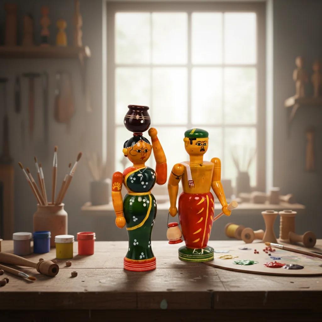 MH Decors Kondapalli Wooden Village Farmer Couple Decorative Figurines for Home