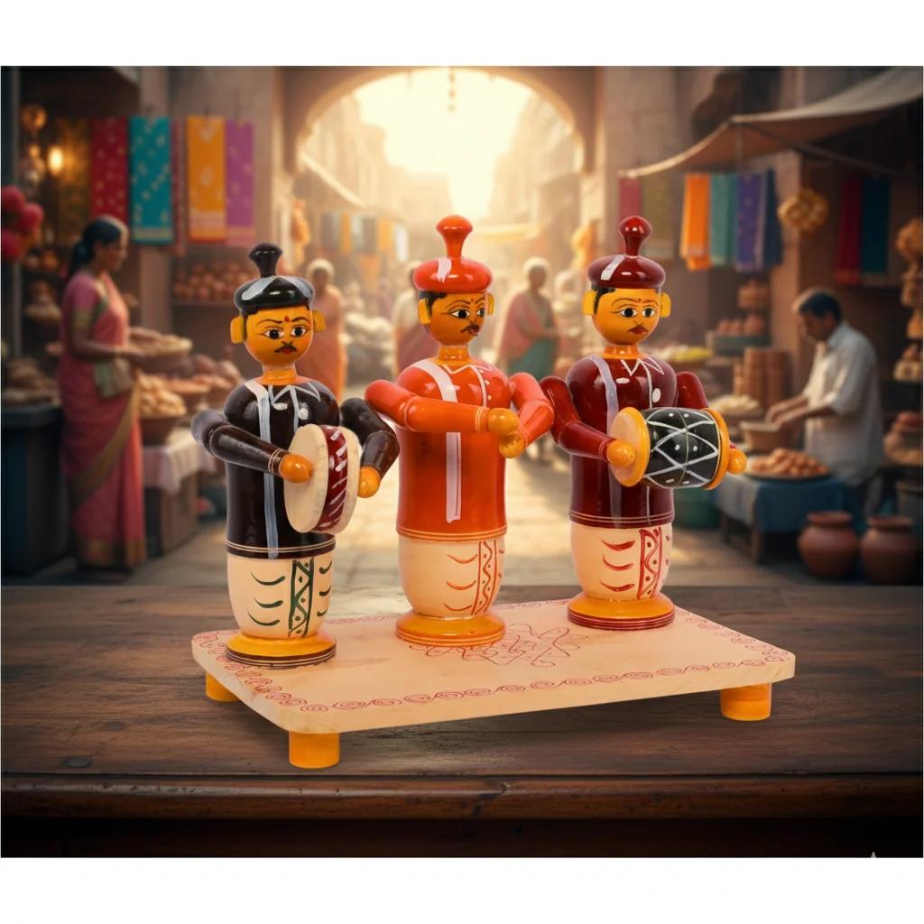 MH Decors Handcrafted Kondapalli Wooden Bhajantri Shubhamastu Set Decorative for Home