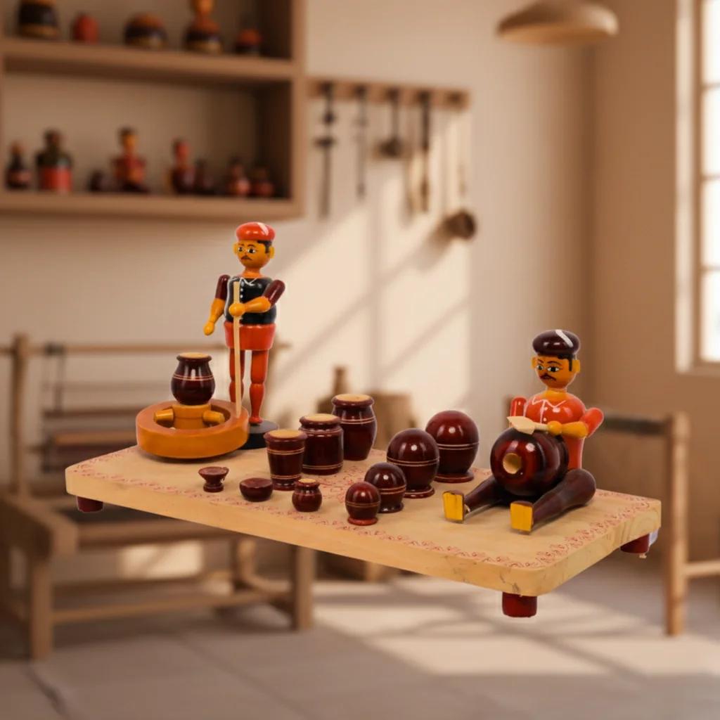 MH Decors Kondapalli Wooden Traditional Pot Making Men Decorative Idol for Home Interiors