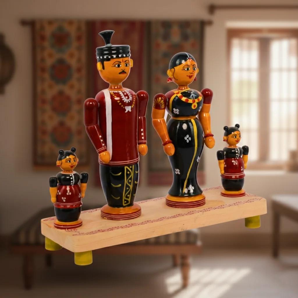 MH Decors Kondapalli Wooden Family Toy Set Hand Made Decorative Figurines for Home