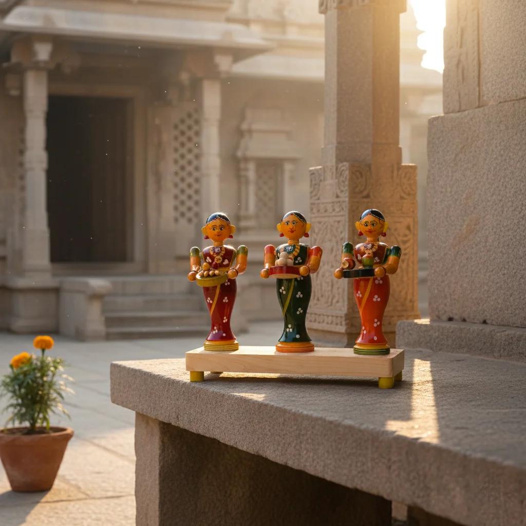 MH Decors Kondapalli Wooden 3 Ladies Figurines with Fruits Hand Made for Home