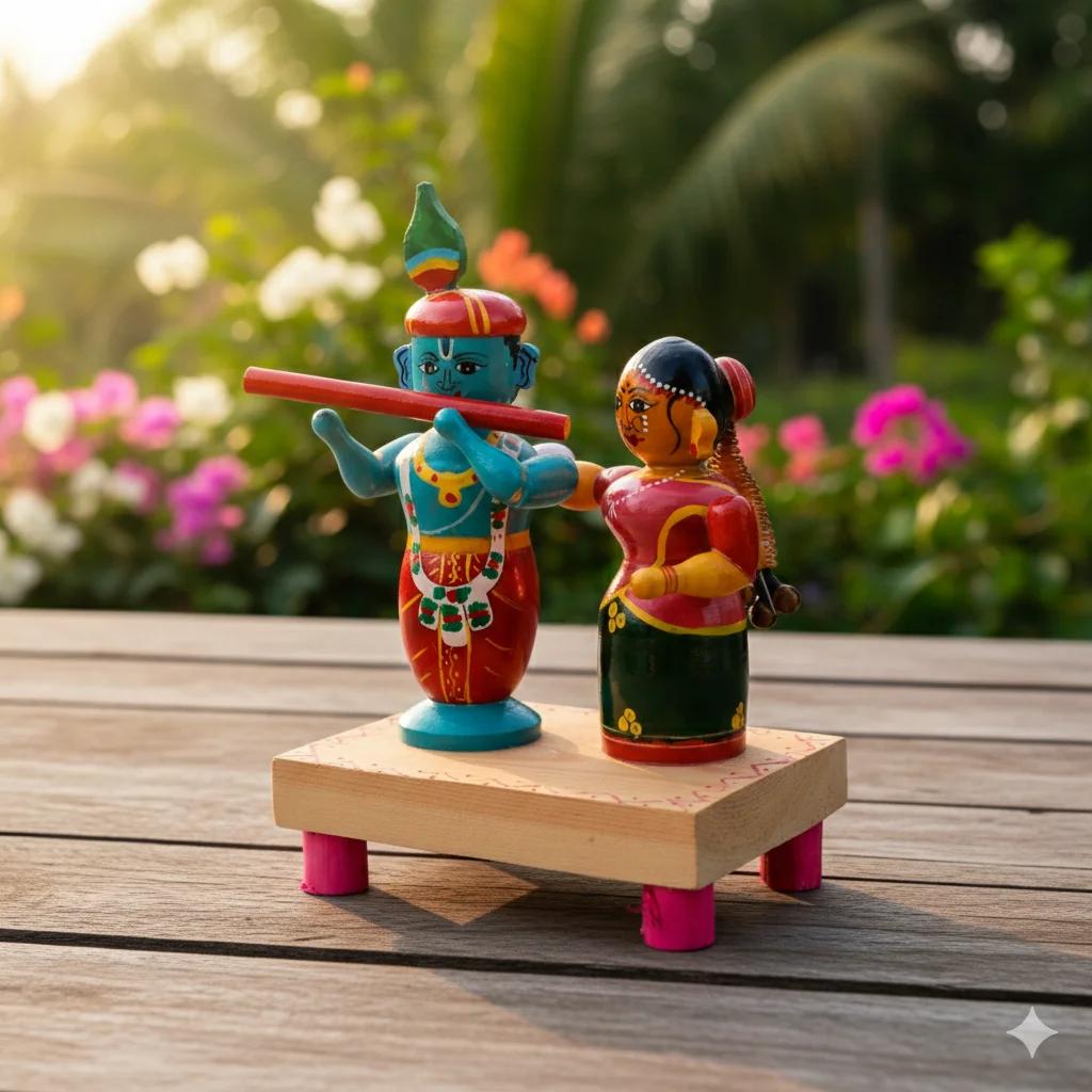 MH Decors Handcrafted Kondapalli Wooden Radha Krishna Decorative Showpiece for Home