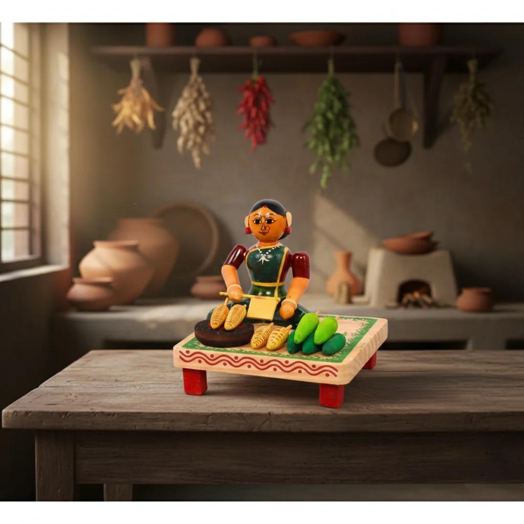 MH Decors Kondapalli Wooden Sweetcorn Selling Women Decorative Toys Hand Made for Home