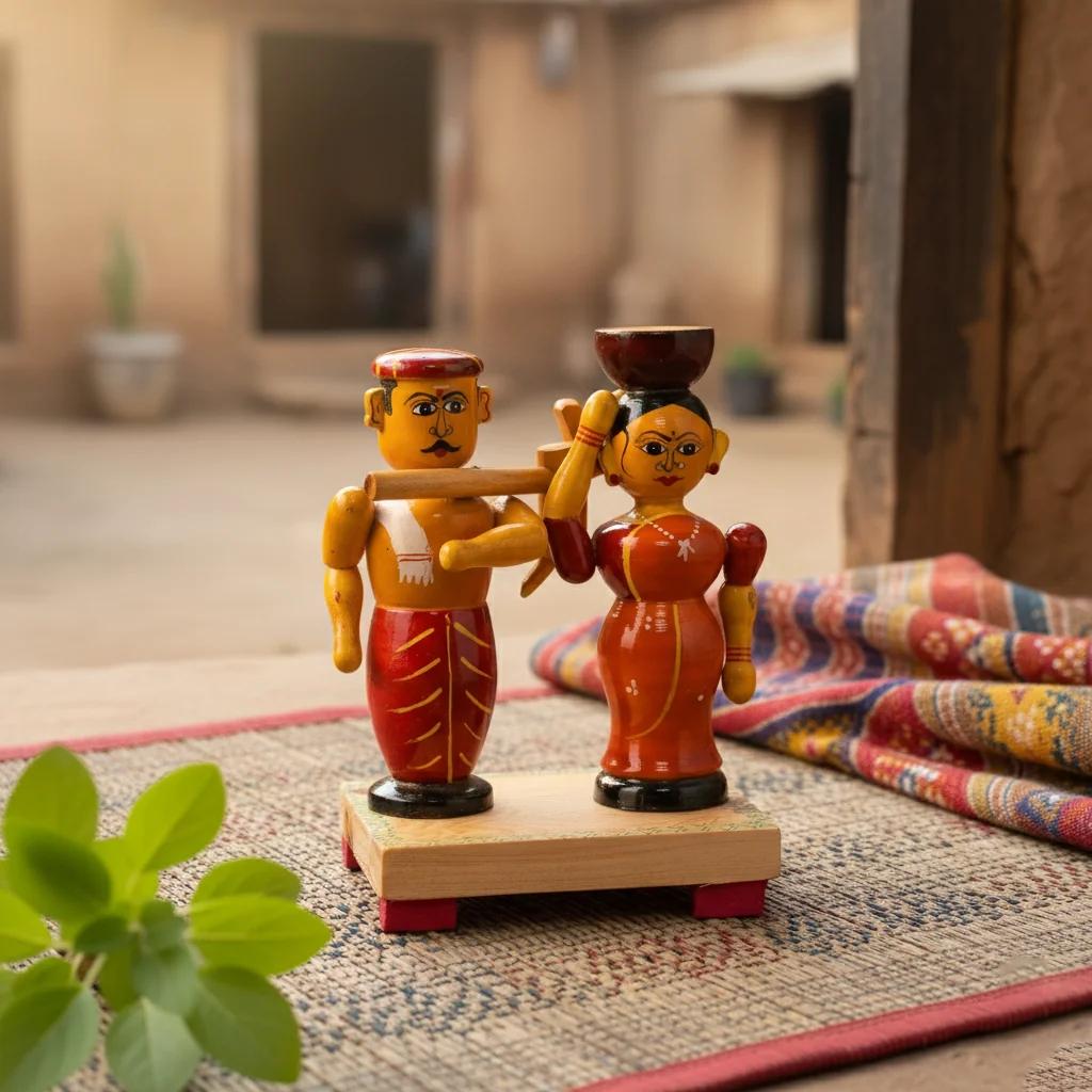 MH Decors Kondapalli Wooden Farmer Couple Decorative Figurines for Home Interiors