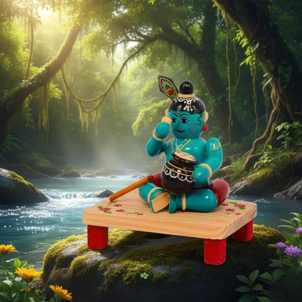 MH Decors Kondapalli Wooden Little Krishna with Butter Pot Decorative Figurines for Home