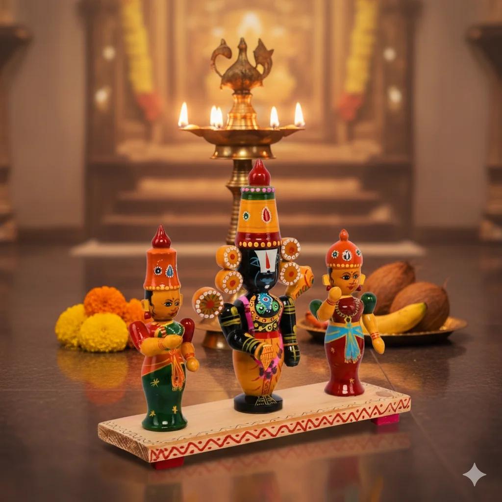 MH Decors Kondapalli Wooden Lord Balaji with Padmavati and Lakshmi Idol Set Hand Made