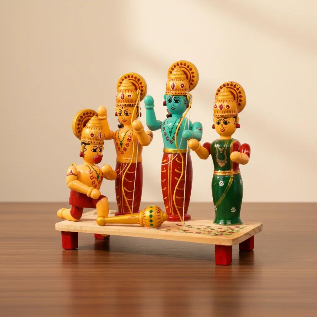 MH Decors Kondapalli Wooden Lord Rama Sita Lakshmana Hanuman Decorative Showpiece Set