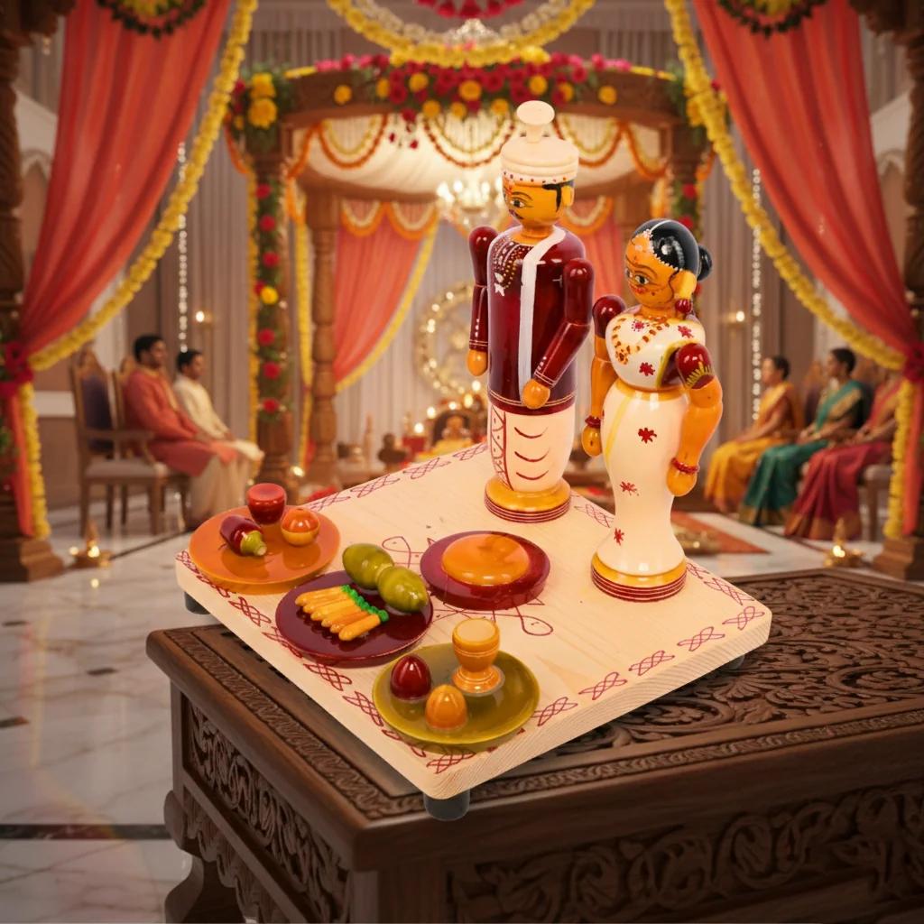 MH Decors Kondapalli Wooden Traditional Bride and Groom Decorative Doll for Home