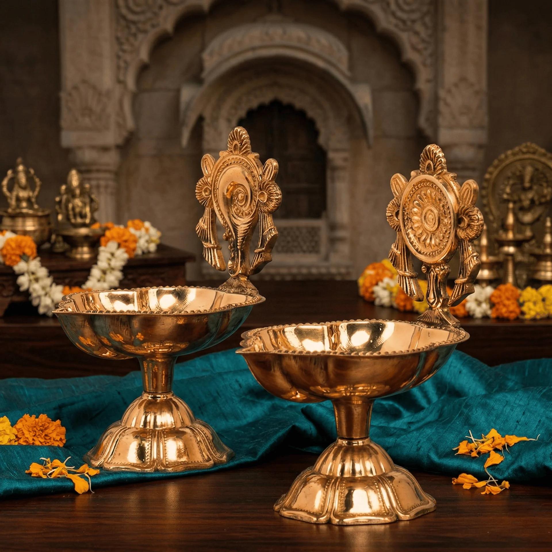 MH Decors Pooja Essentials Brass Shankh Chakra Diya Set for Temple and Home