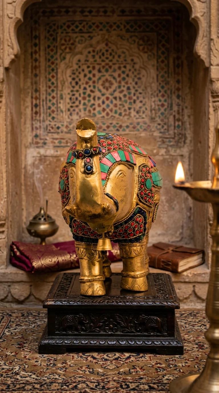 MH Decors Brass Multicolor Elephant Figurine with Bell Neck for Home Decoration