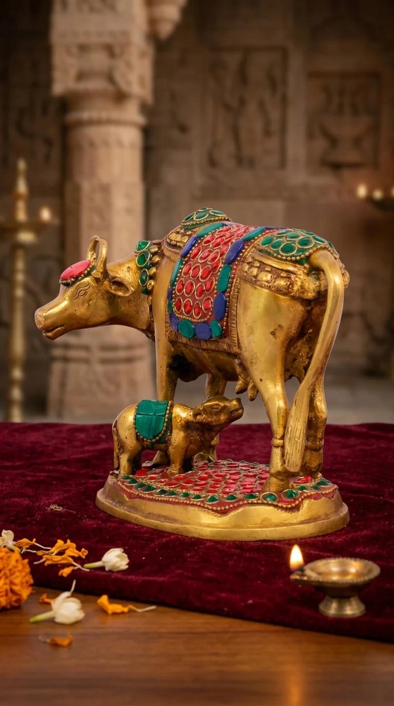MH Decors Brass Gomatha Cow and Calf Statue for Spiritual and Home Decoration