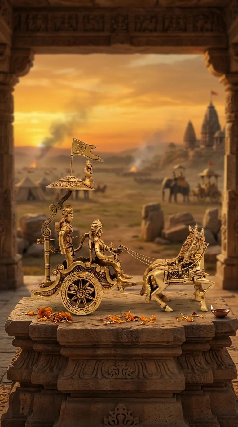 MH Decors Brass Krishna Arjuna Kurukshetra War Scene Statue for Home Display