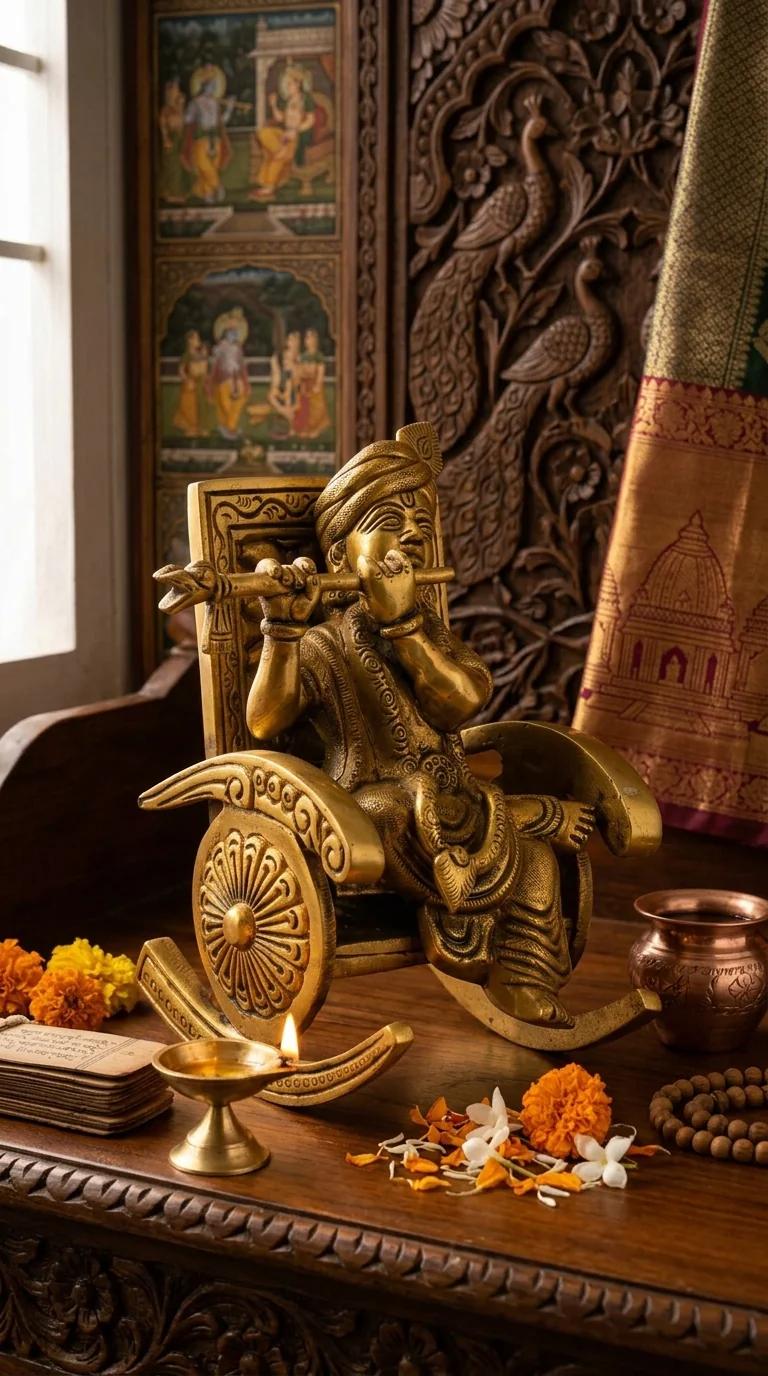 MH Decors Brass Krishna Seated on Throne Figurine Handcrafted for Pooja and Home