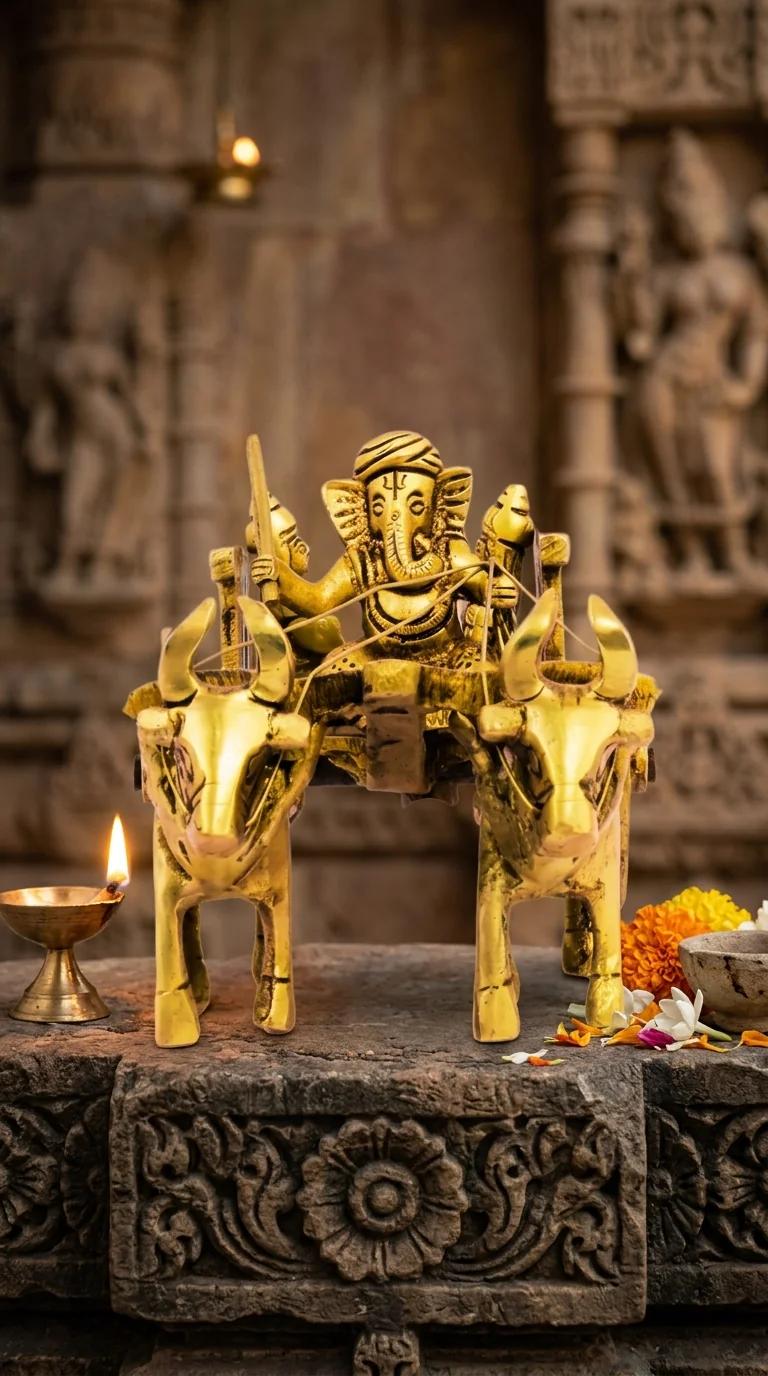 MH Decors Brass Ganesh Lakshmi Saraswathi Bullock Cart Idol for Home Pooja and Display