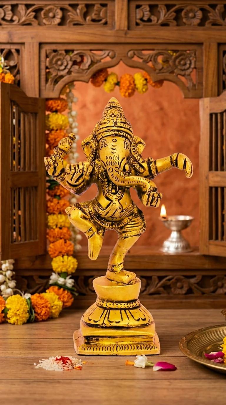 MH Decors Elegant Brass Lord Ganesha Dancing Statue for Home Tabletop Decor