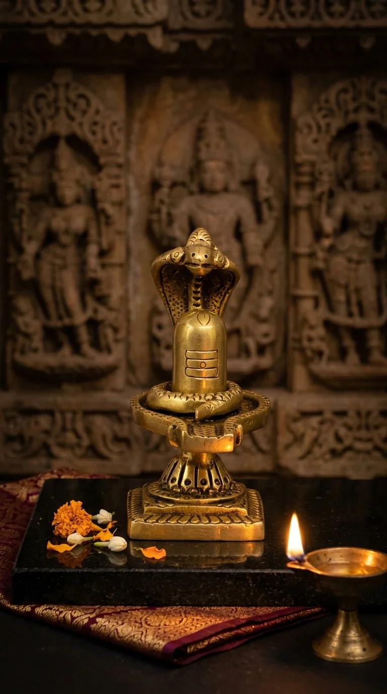 MH Decors Decorative Brass Shiva Lingam with Sheshnaag Statue for Home and Temple