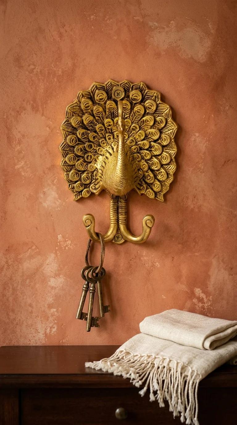 MH Decors Decorative Brass Peacock Wall Hook for Living Room Bedroom and Pooja Room