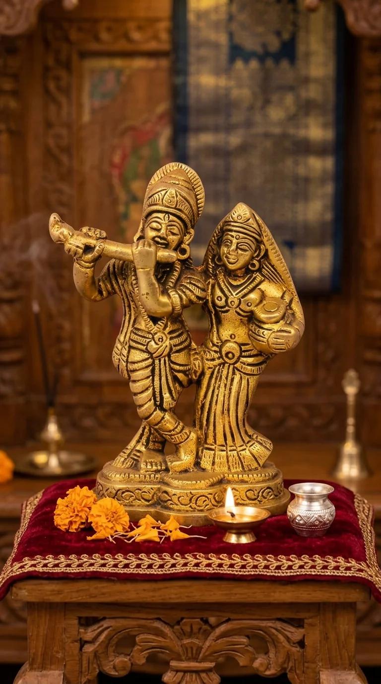 MH Decors Decorative Brass Radha Krishna Figurine with Flute for Home Display