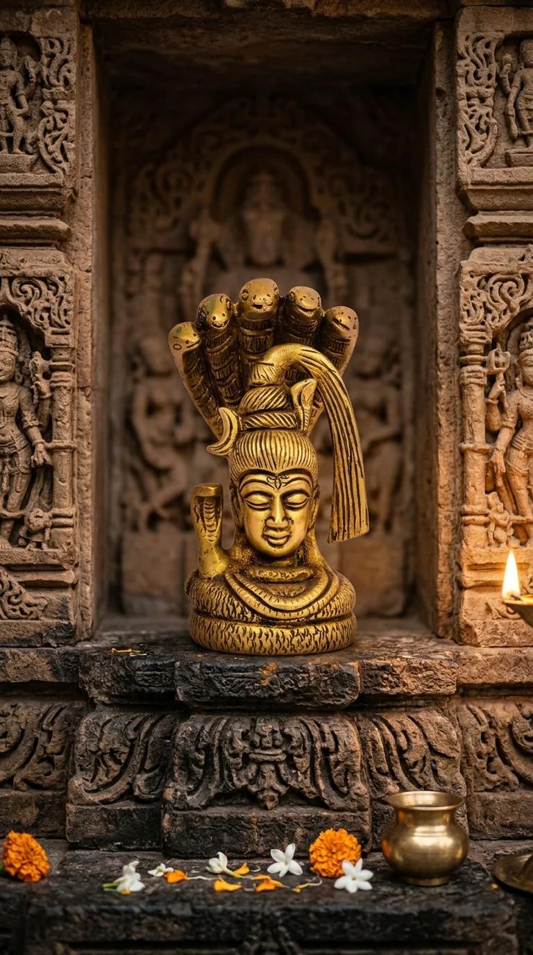 MH Decors Handmade Brass Shiva Face with Sheshnaag Idol for Home and Spiritual Spaces