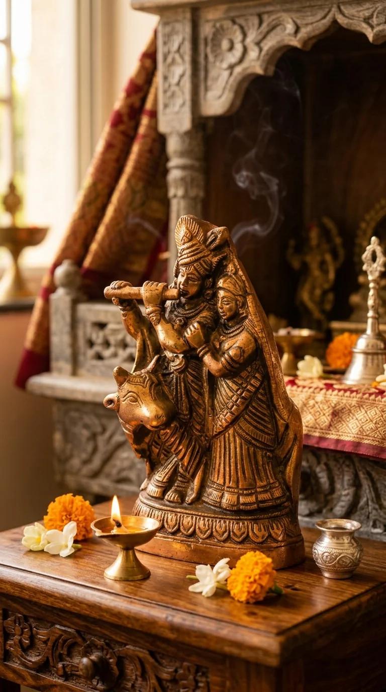 MH Decors Elegant Brass Radha Krishna with Cow Idol for Spiritual Home Decor