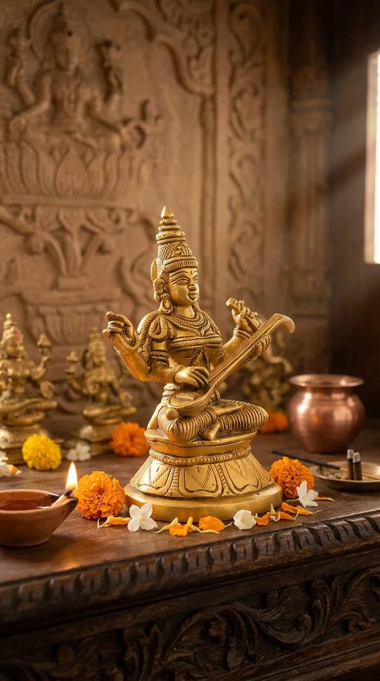 MH Decors Decorative Brass Saraswati Figurine for Desk and Home Display