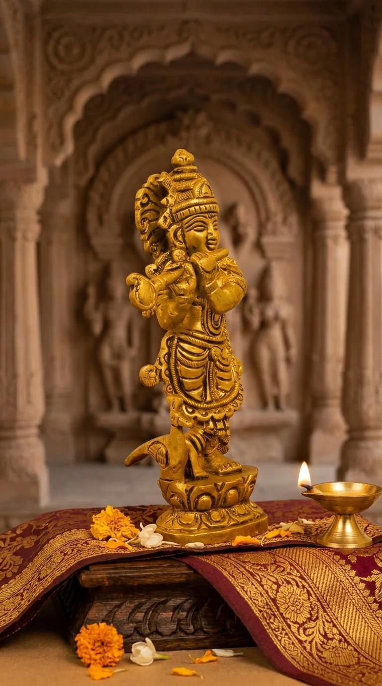 MH Decors Brass Krishna Idol with Flute for Home Altar and Living Room Decor