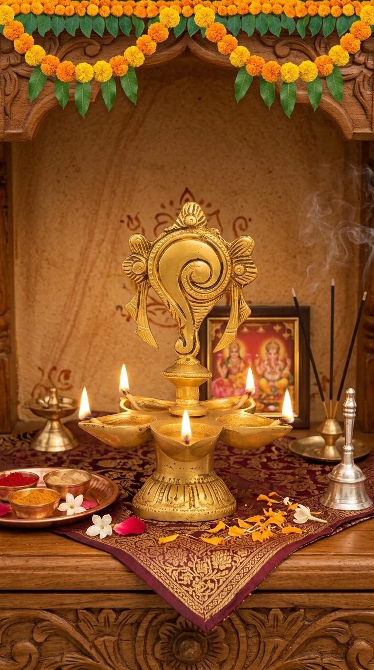 MH Decors Brass Balaji Shanku Chakra Oil Lamp for Spiritual Home and Temple Display