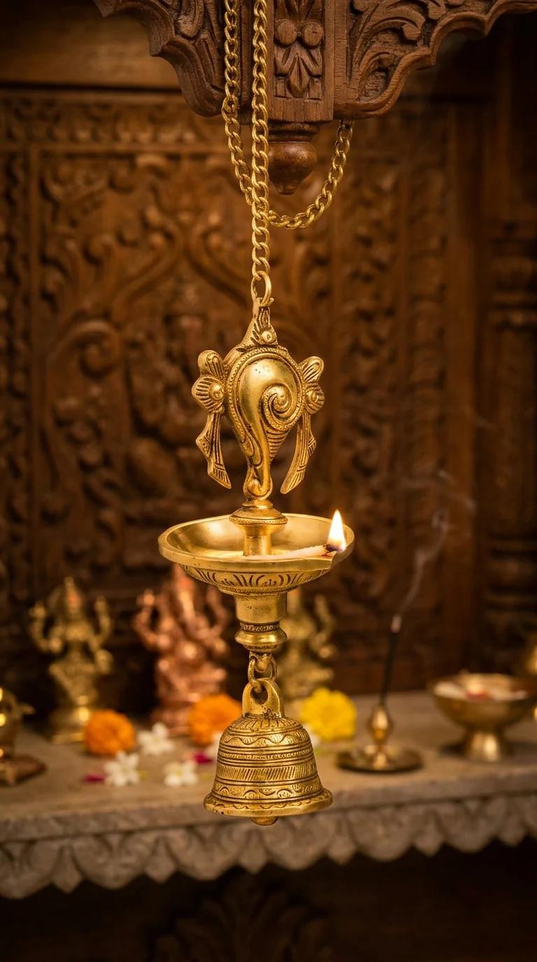 MH Decors Brass Shanku Chakra Hanging Diya with Bells for Temple and Pooja Room