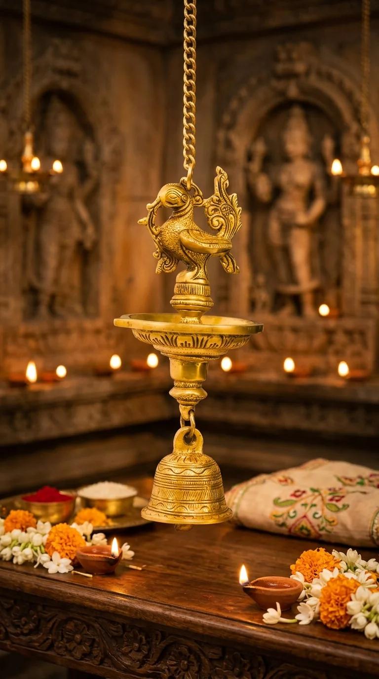 MH Decors Elegant Brass Peacock Wall Hanging Diya with Bell for Home and Office