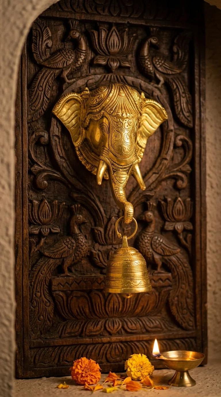 MH Decors Handcrafted Brass Ganesha Face Wall Hanging with Bell for Home and Temple